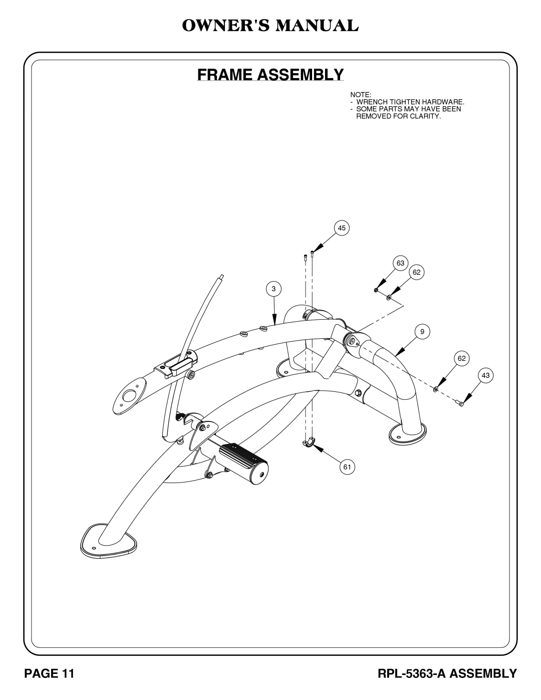 Hoist Fitness RPL-5363-A owner manual Frame Assembly 