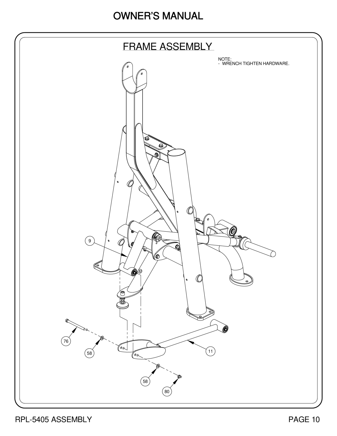 Hoist Fitness RPL-5405 owner manual Wrench Tighten Hardware 