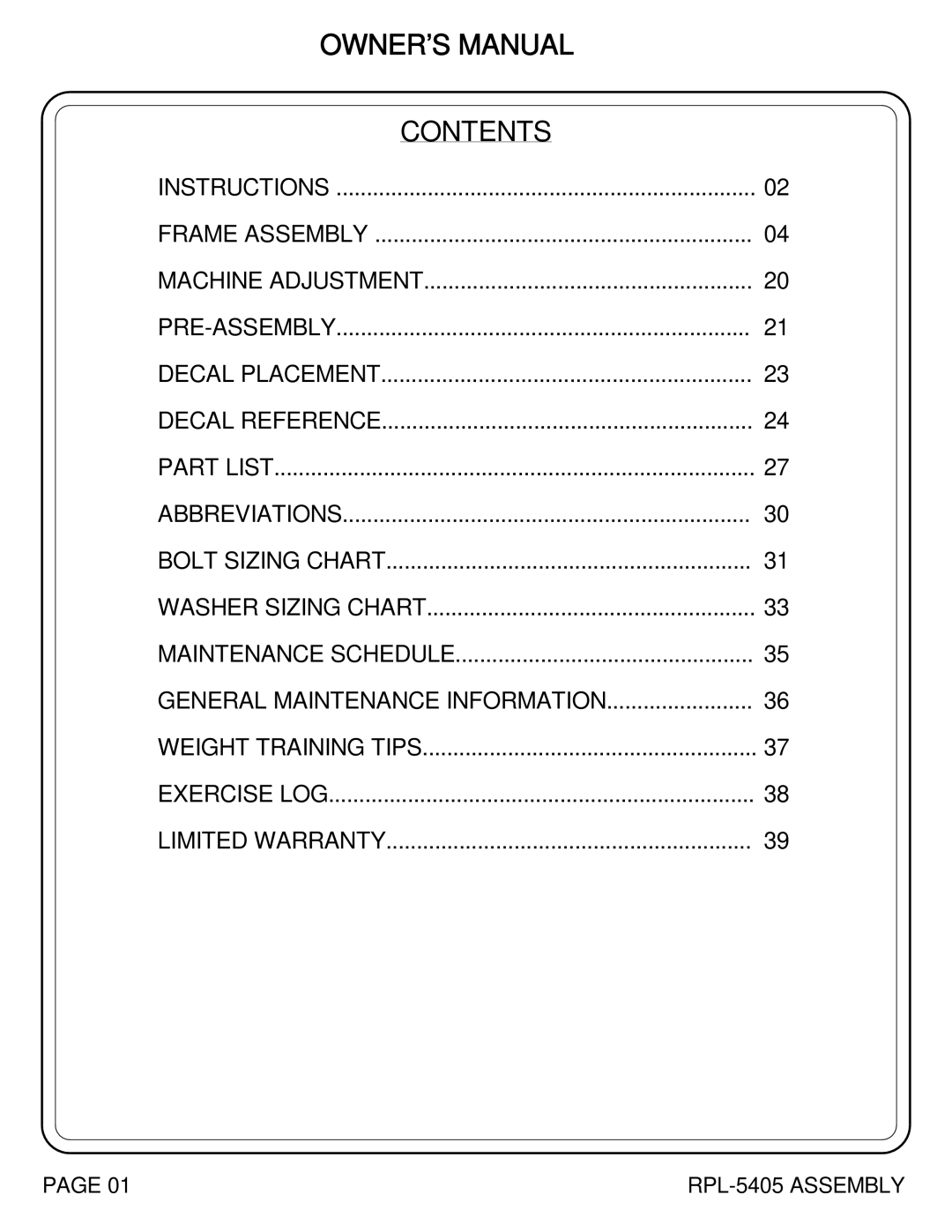 Hoist Fitness RPL-5405 owner manual Contents 