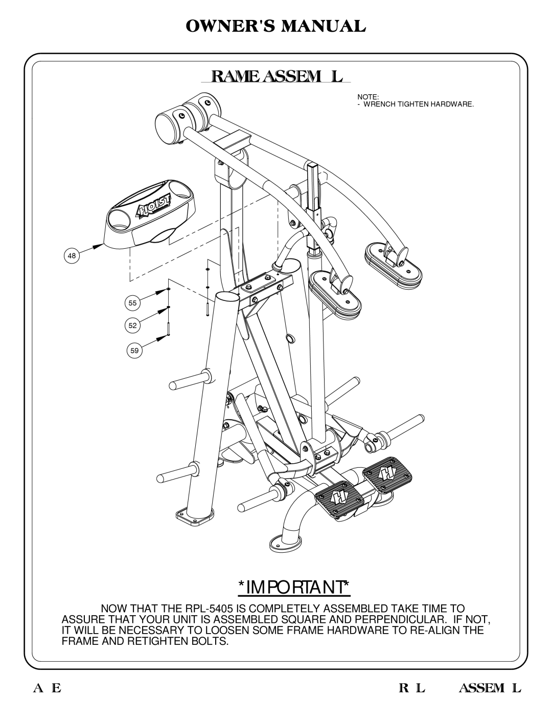 Hoist Fitness RPL-5405 owner manual Wrench Tighten Hardware 