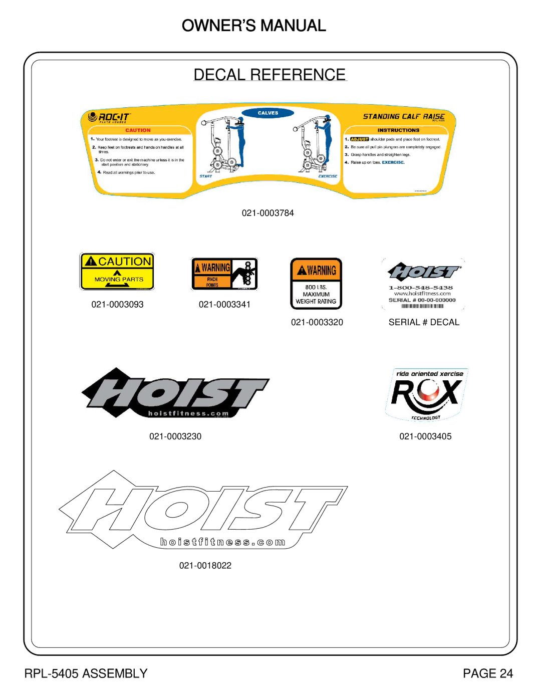 Hoist Fitness RPL-5405 owner manual Decal Reference 