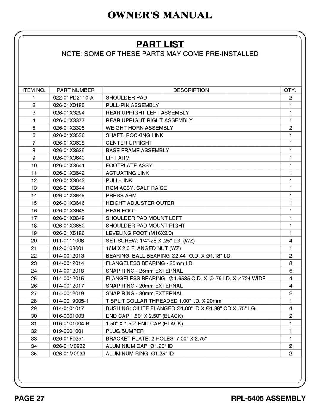 Hoist Fitness RPL-5405 owner manual Part List, Bearing Ball Bearing Ø2.44 O.D. X Ø1.18 I.D 