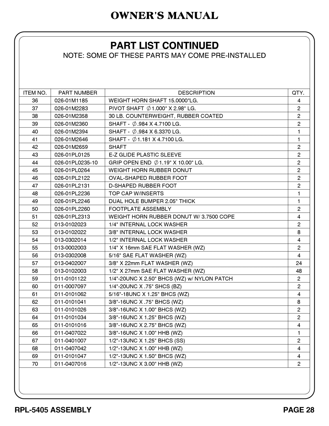 Hoist Fitness RPL-5405 owner manual Item no Part Number Description 