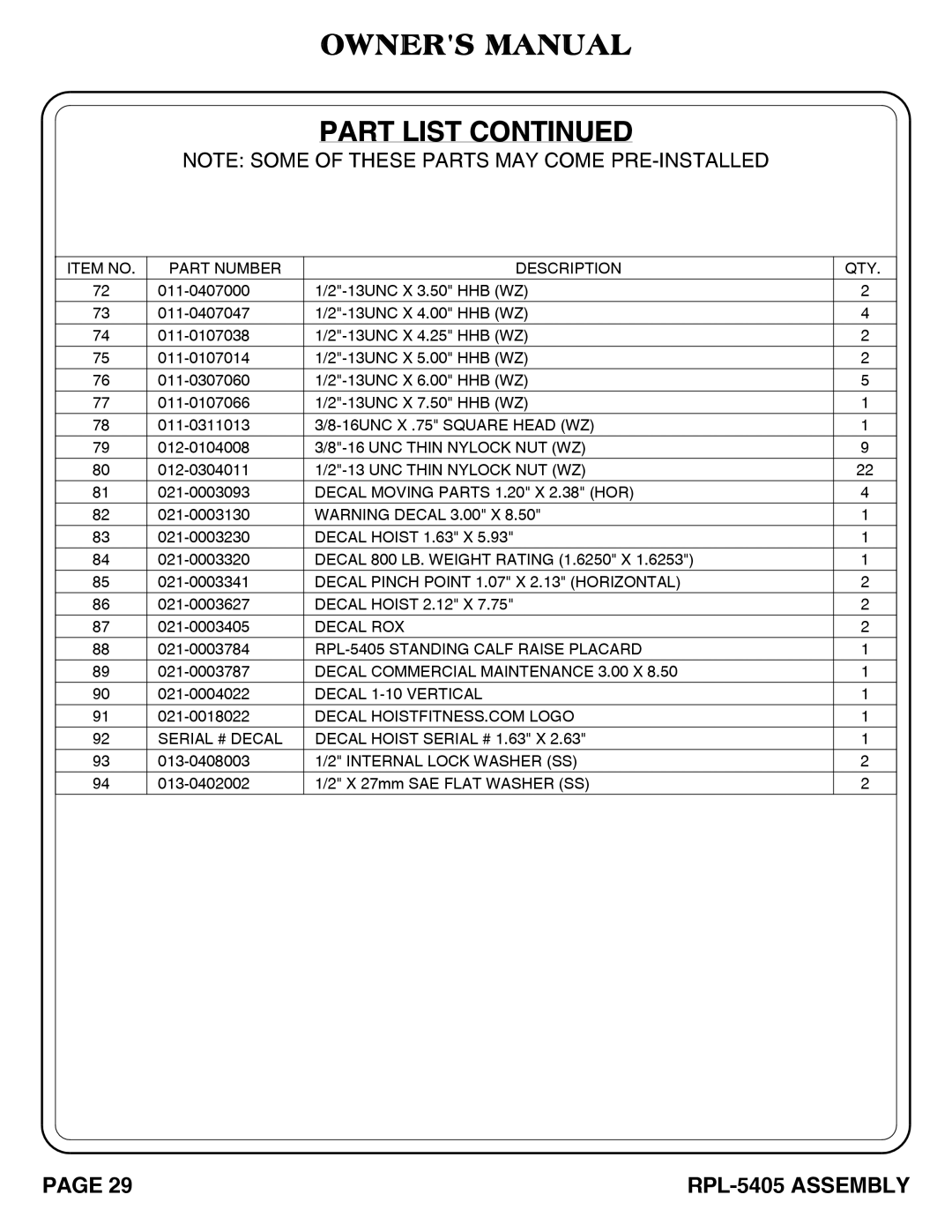 Hoist Fitness RPL-5405 owner manual UNC Thin Nylock NUT WZ 