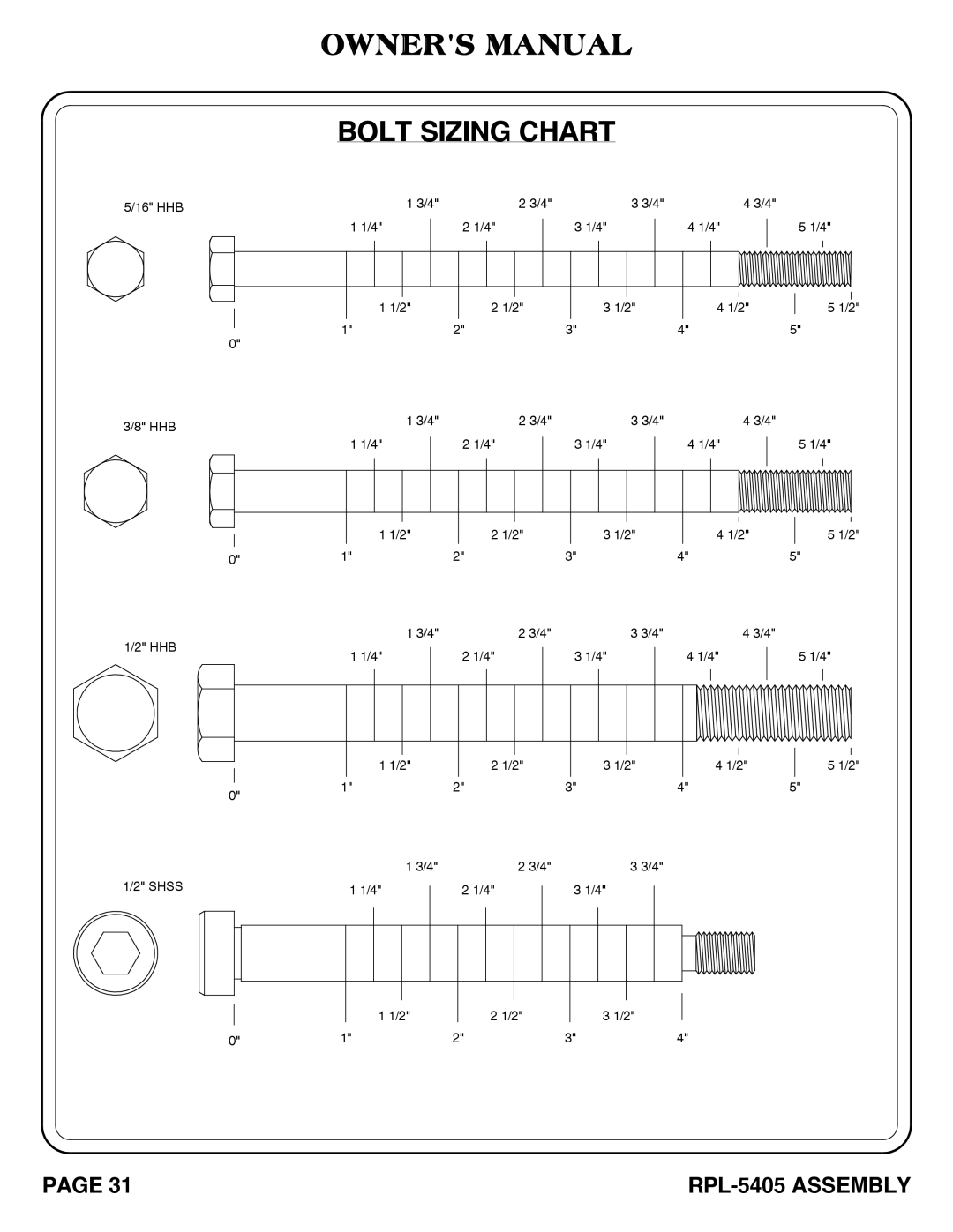 Hoist Fitness RPL-5405 owner manual Bolt Sizing Chart 