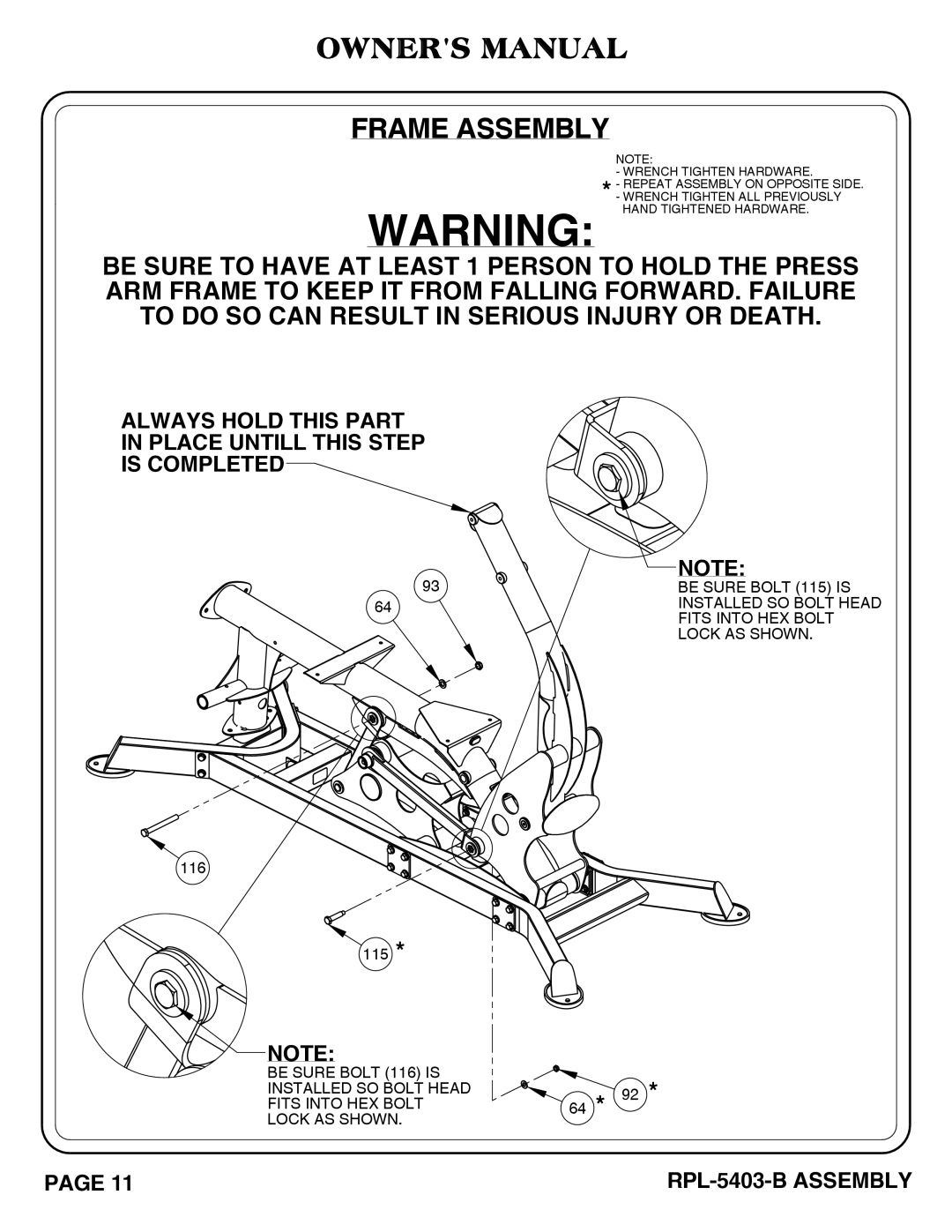 Hoist Fitness RPL-5406-B owner manual Always Hold this Part Place Untill this Step Is Completed 