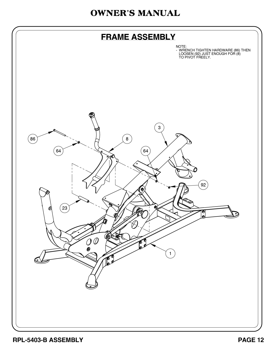 Hoist Fitness RPL-5406-B owner manual Frame Assembly 