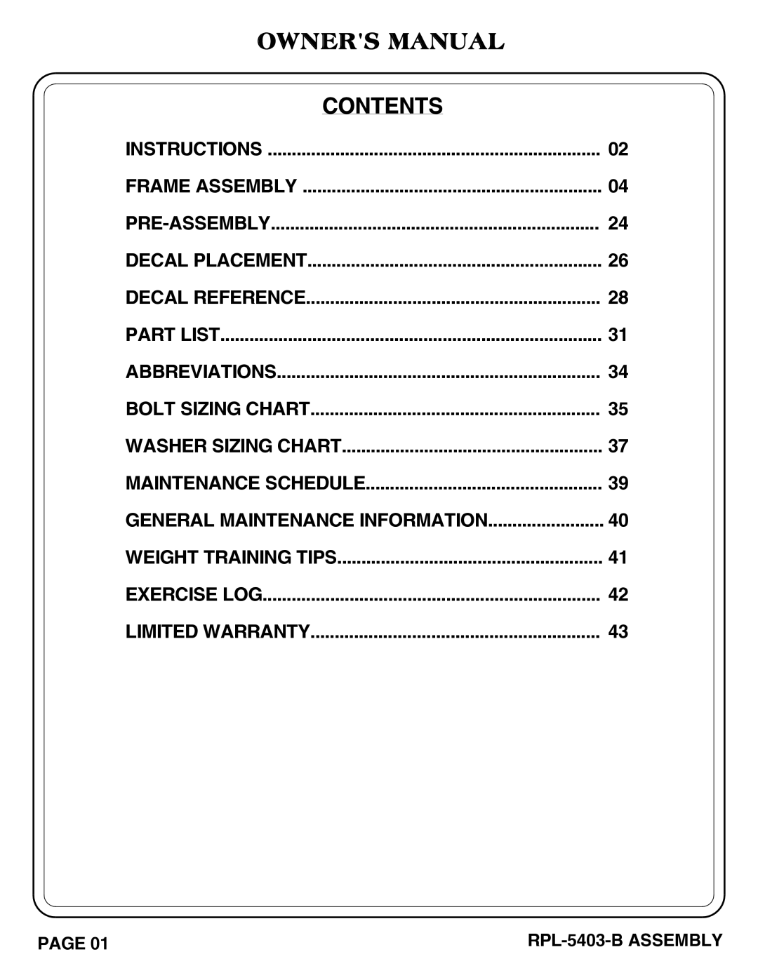 Hoist Fitness RPL-5406-B owner manual Contents 