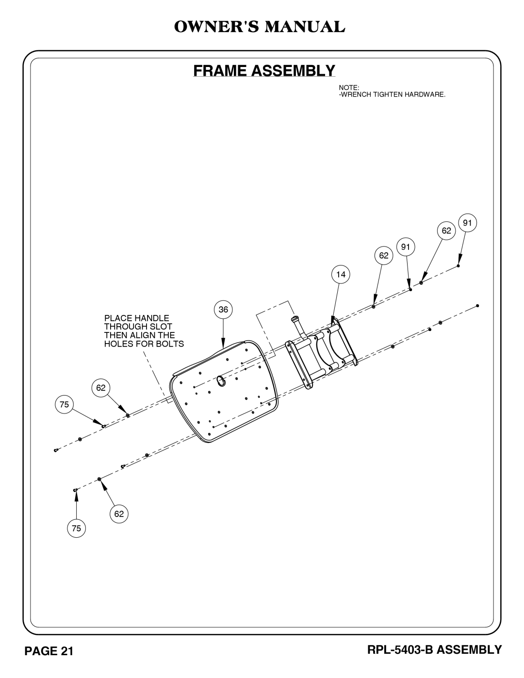 Hoist Fitness RPL-5406-B owner manual Place Handle Through Slot Then Align Holes for Bolts 