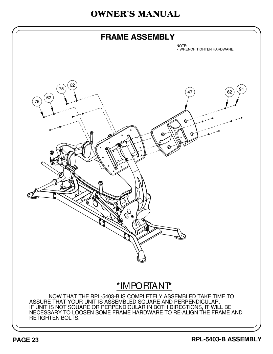 Hoist Fitness RPL-5406-B owner manual Frame Assembly 