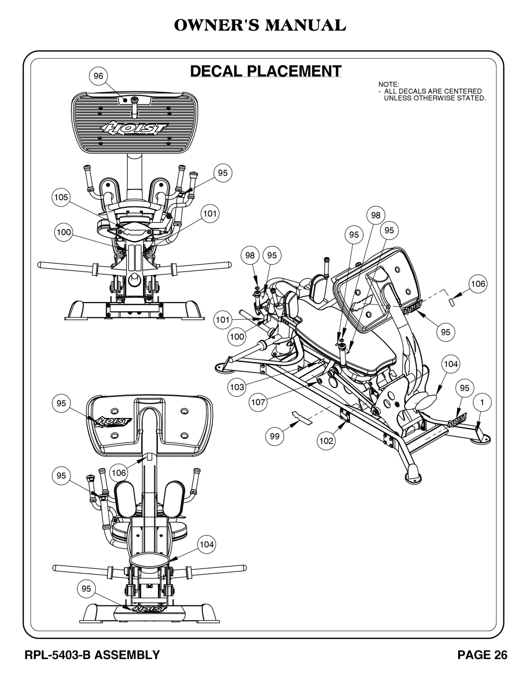 Hoist Fitness RPL-5406-B owner manual Decal Placement 