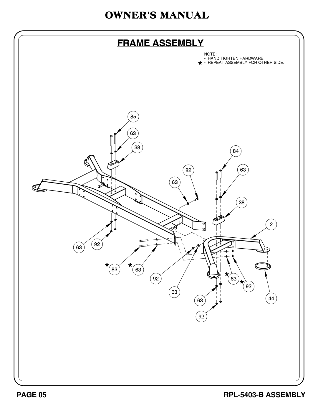 Hoist Fitness RPL-5406-B owner manual Hand Tighten Hardware Repeat Assembly for Other Side 