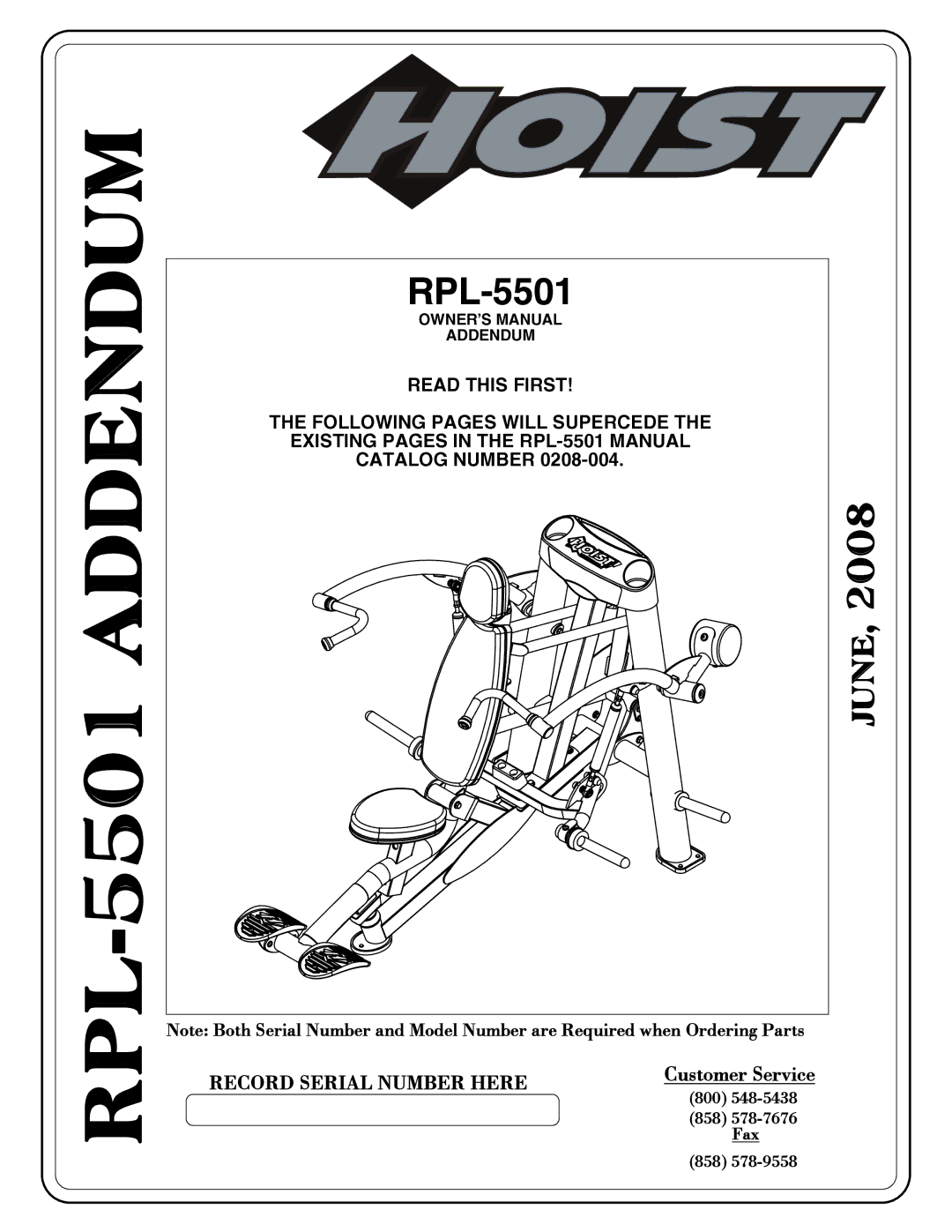 Hoist Fitness RPL-5501 owner manual Rpl-5501addendum 