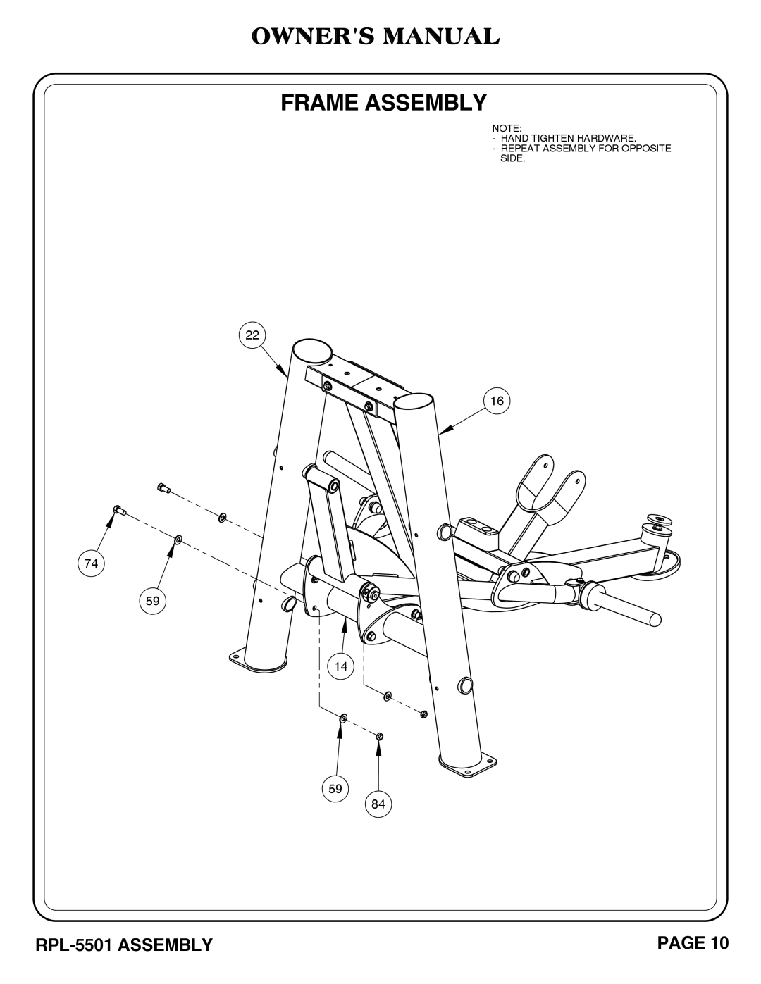 Hoist Fitness RPL-5501 owner manual Hand Tighten Hardware Repeat Assembly for Opposite Side 