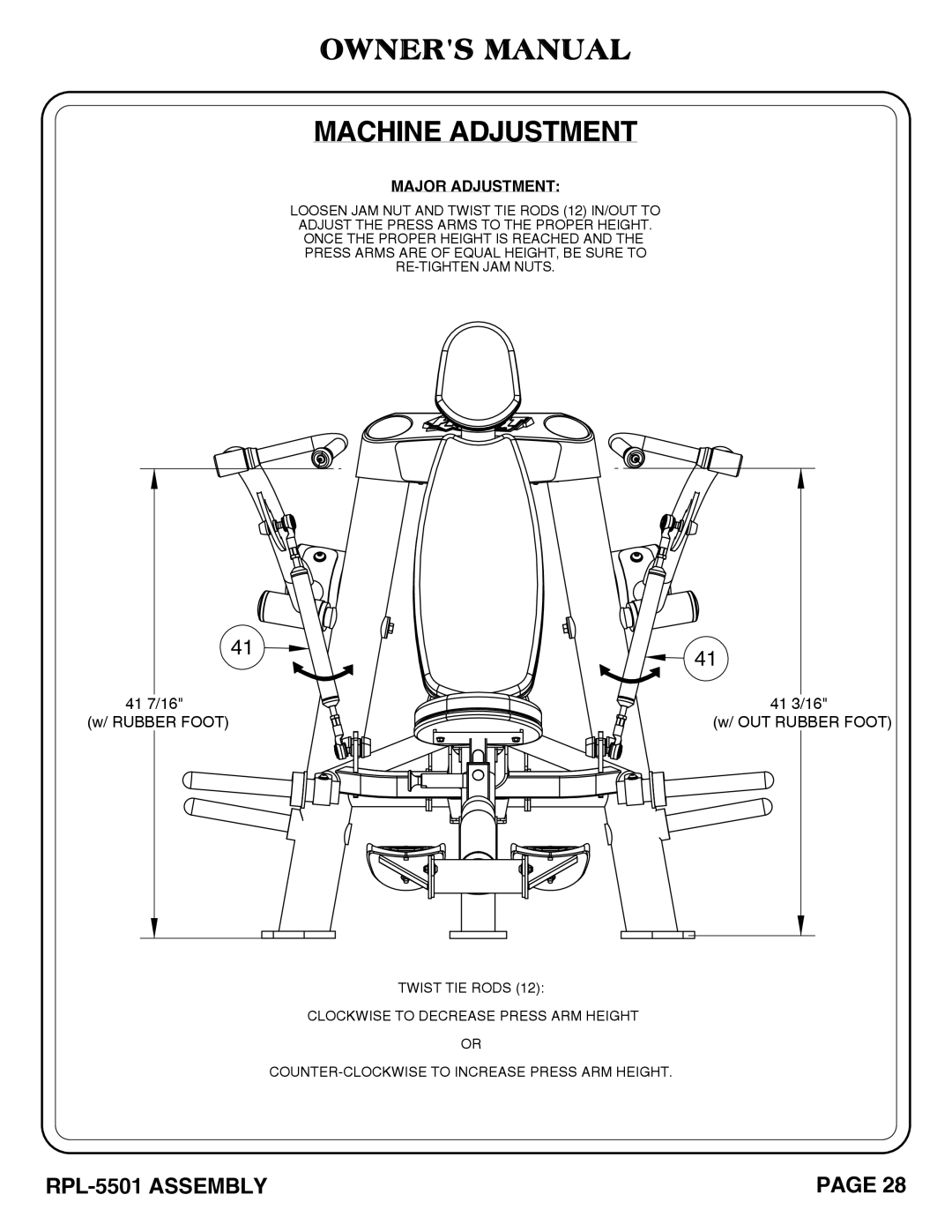 Hoist Fitness RPL-5501 owner manual Machine Adjustment, Major Adjustment 