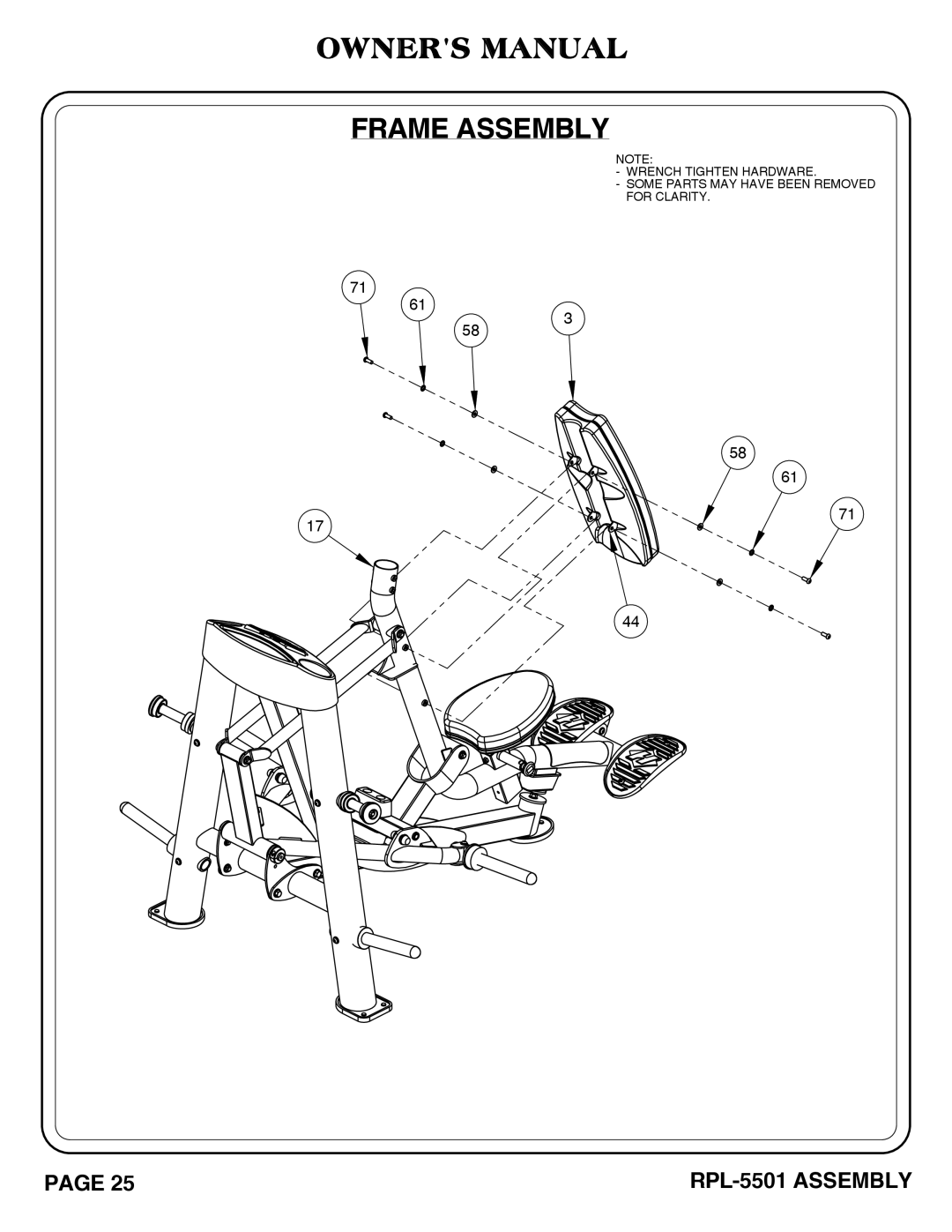 Hoist Fitness RPL-5501 owner manual Frame Assembly 