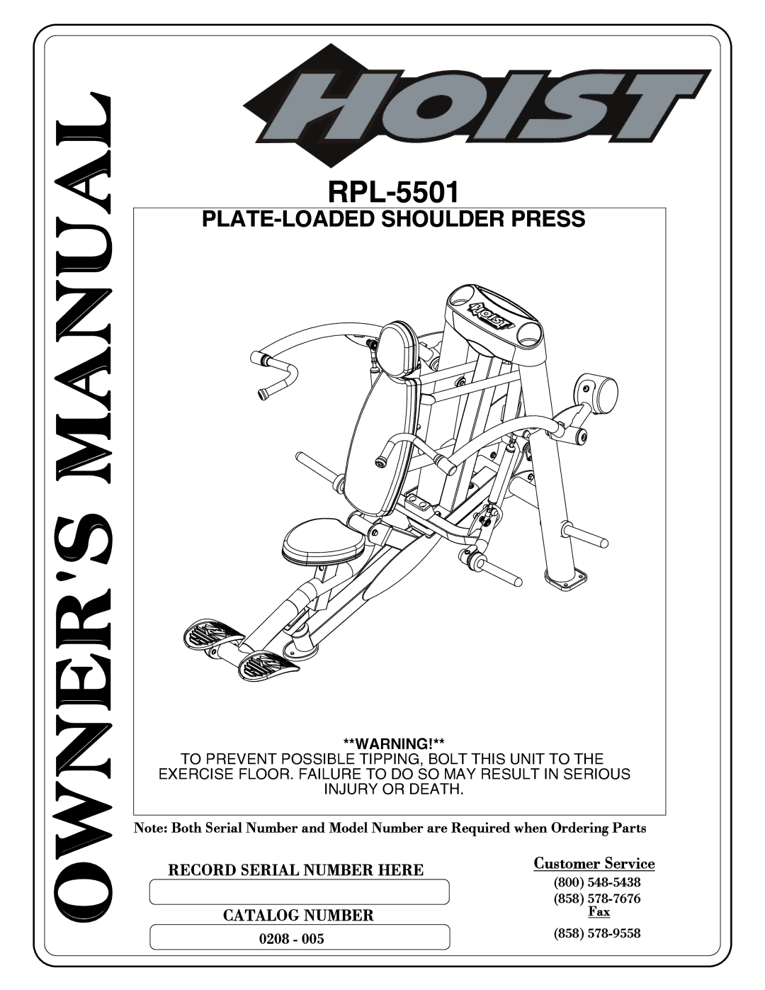 Hoist Fitness RPL-5501 owner manual PLATE-LOADED Shoulder Press 