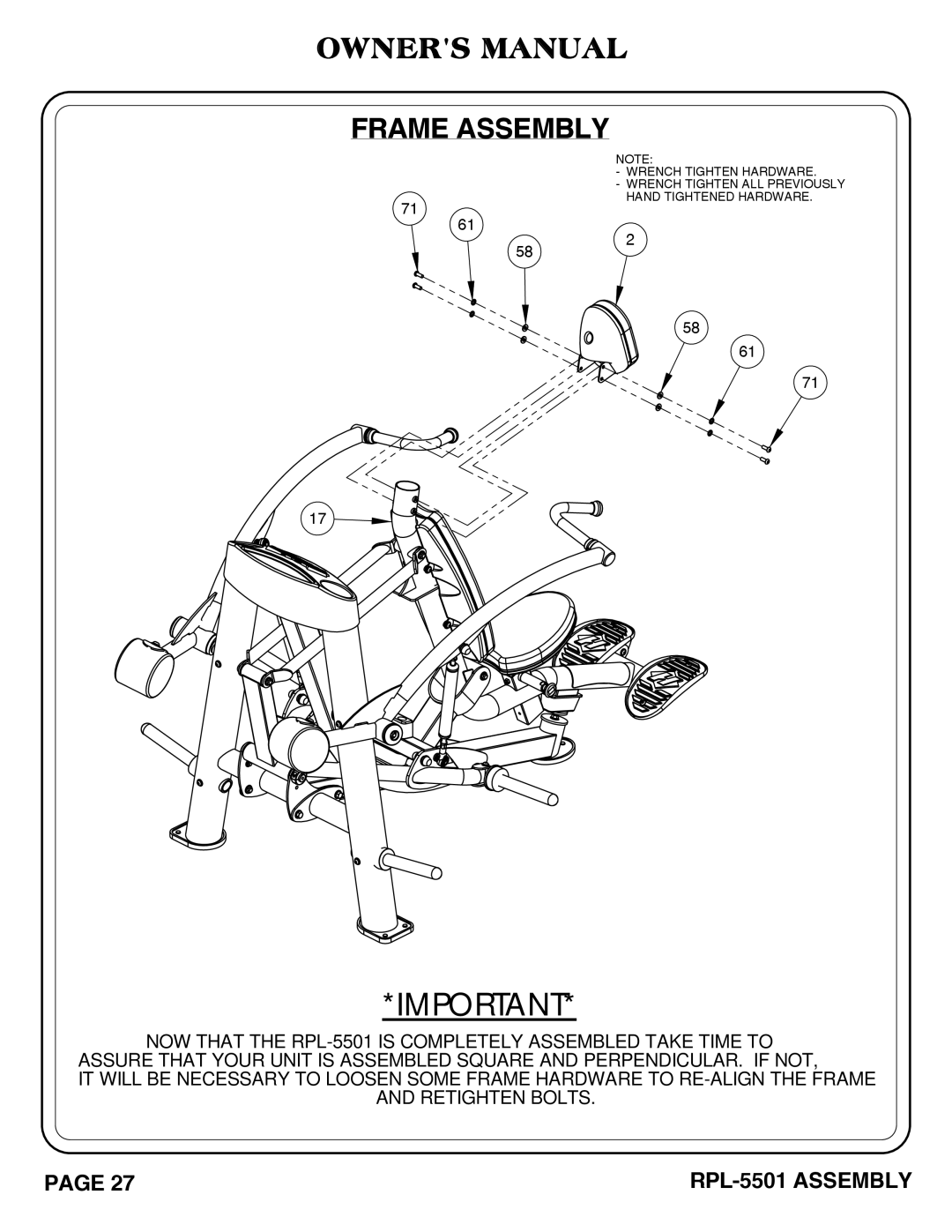 Hoist Fitness RPL-5501 owner manual Frame Assembly 