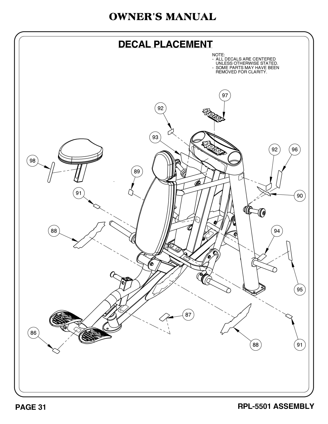 Hoist Fitness RPL-5501 owner manual Decal Placement 