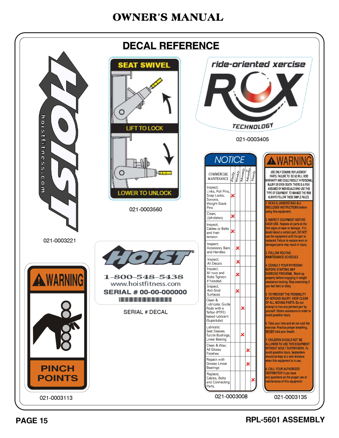 Hoist Fitness RPL-5601 owner manual Decal Reference 