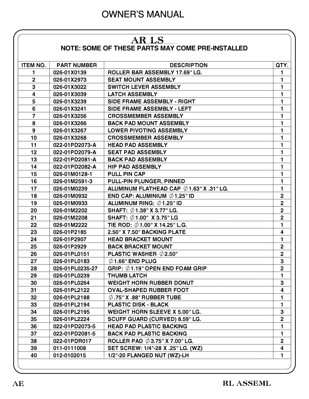 Hoist Fitness RPL-5601 owner manual Part List 