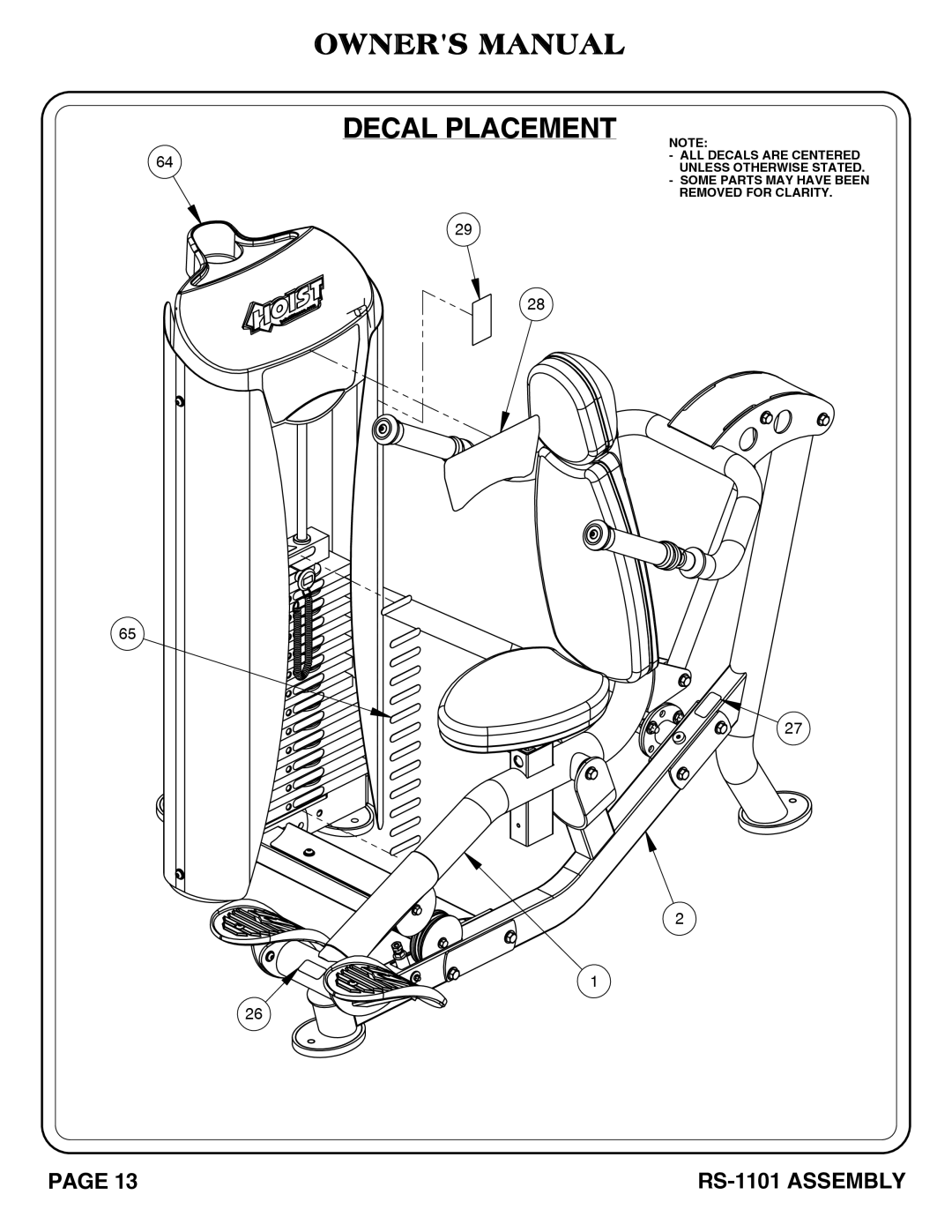 Hoist Fitness rs-1101 owner manual Decal Placement 