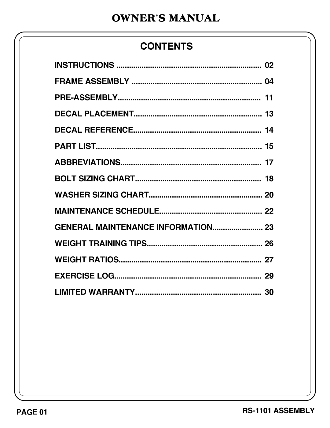 Hoist Fitness rs-1101 owner manual Contents 