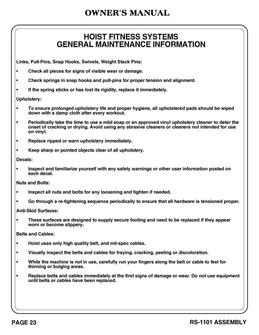 Hoist Fitness rs-1101 owner manual Hoist Fitness Systems General Maintenance Information 