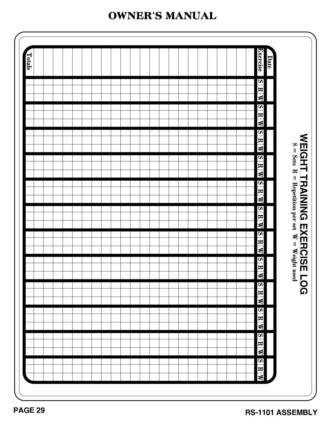 Hoist Fitness rs-1101 owner manual Weight Training Exercise LOG 