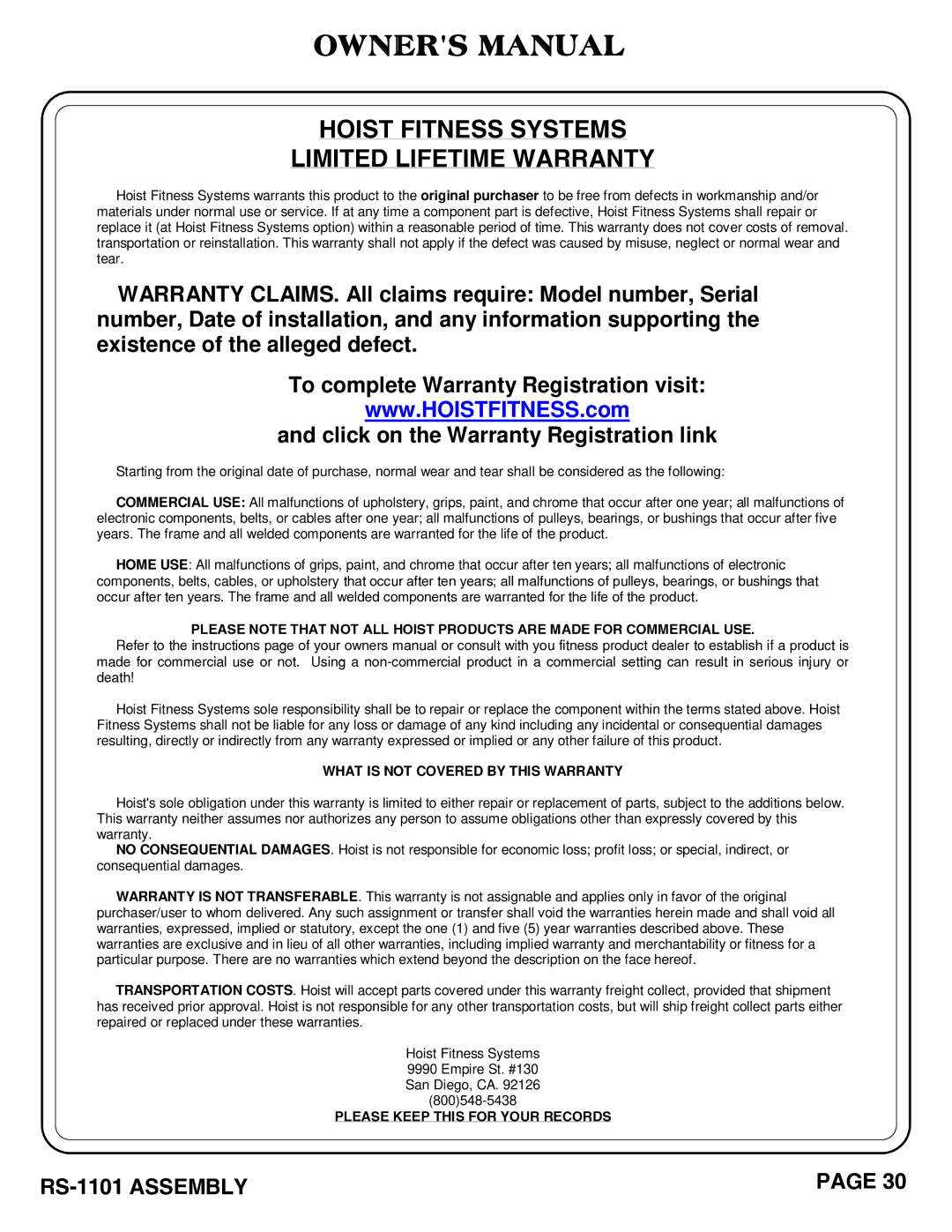 Hoist Fitness rs-1101 owner manual Hoist Fitness Systems Limited Lifetime Warranty 