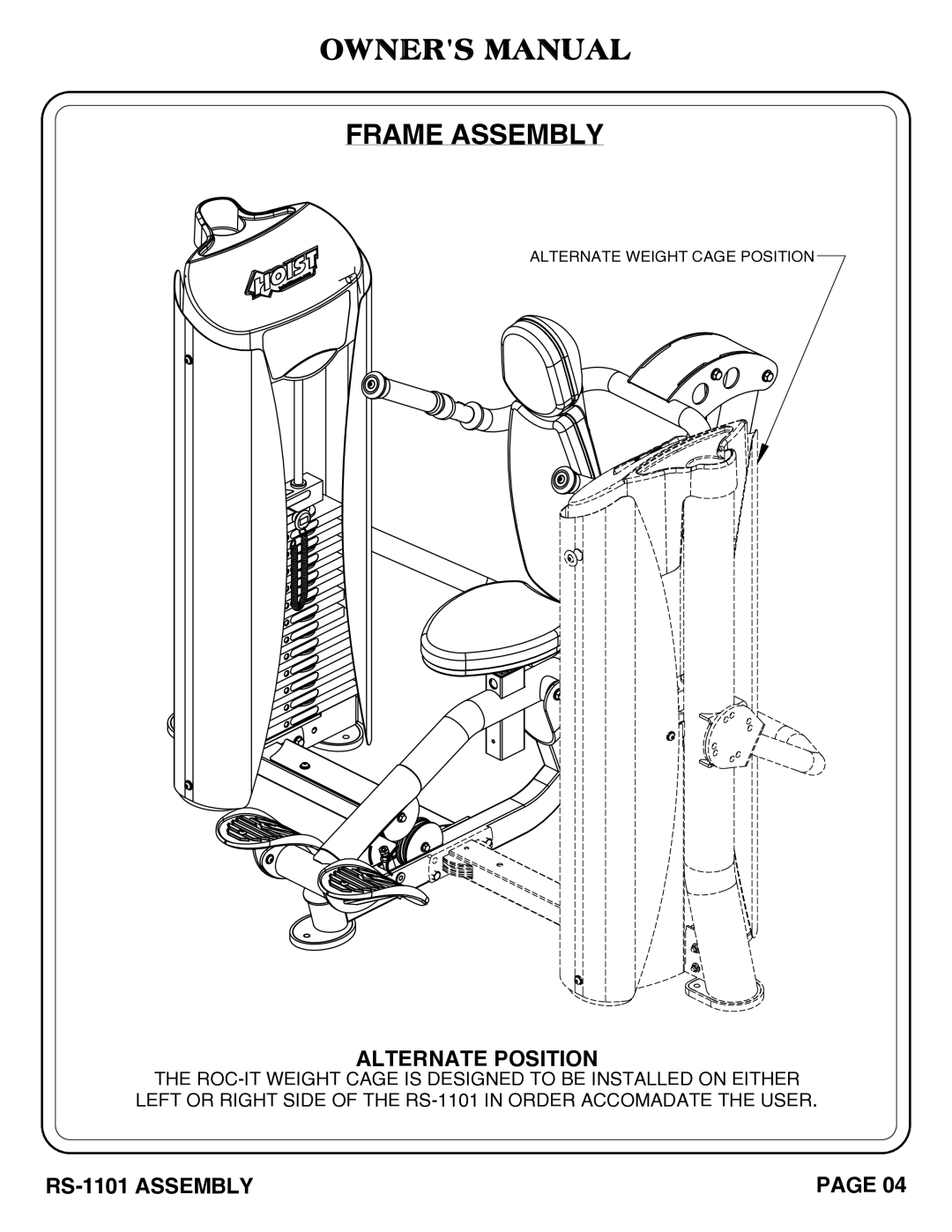 Hoist Fitness rs-1101 owner manual Frame Assembly, Alternate Position 