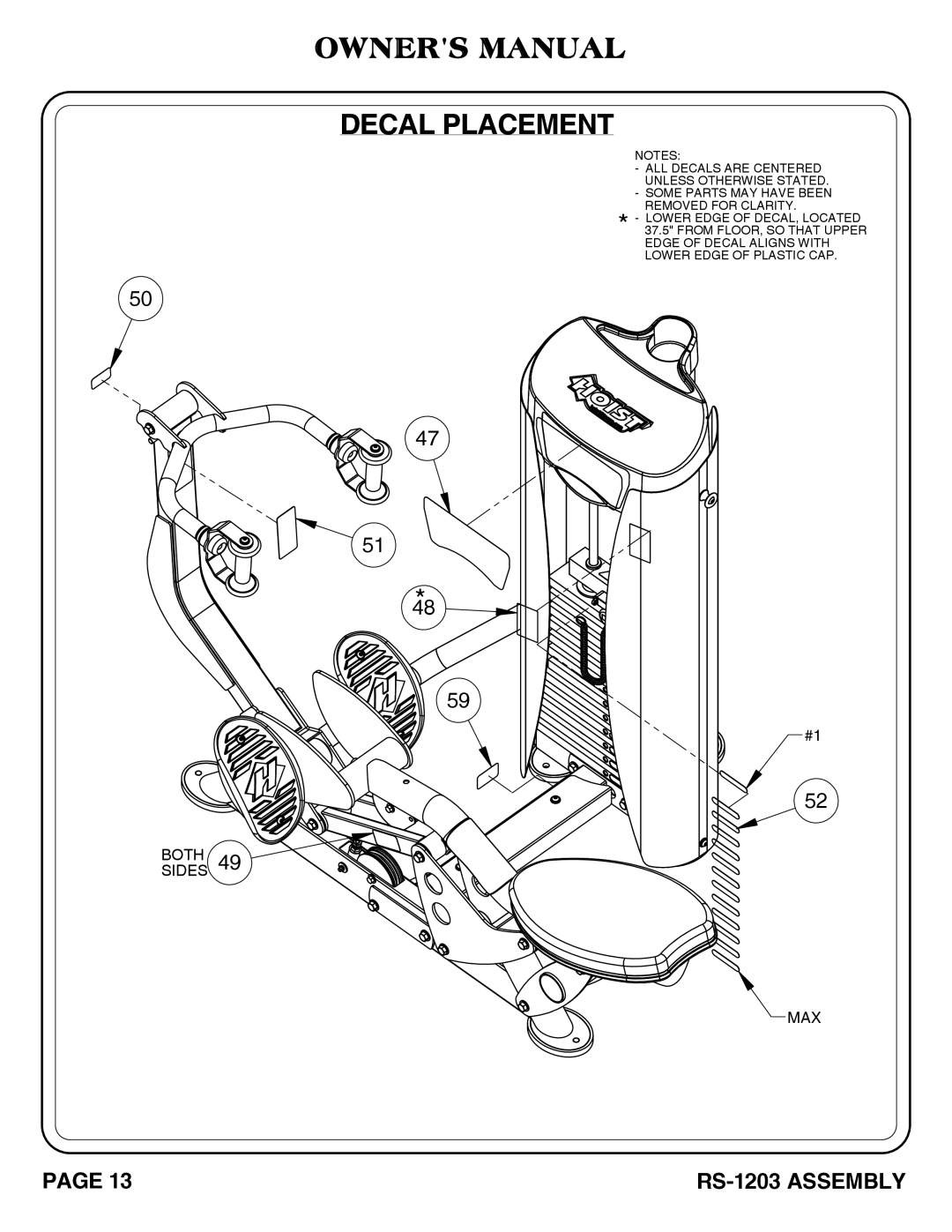 Hoist Fitness RS-1203 owner manual Decal Placement 