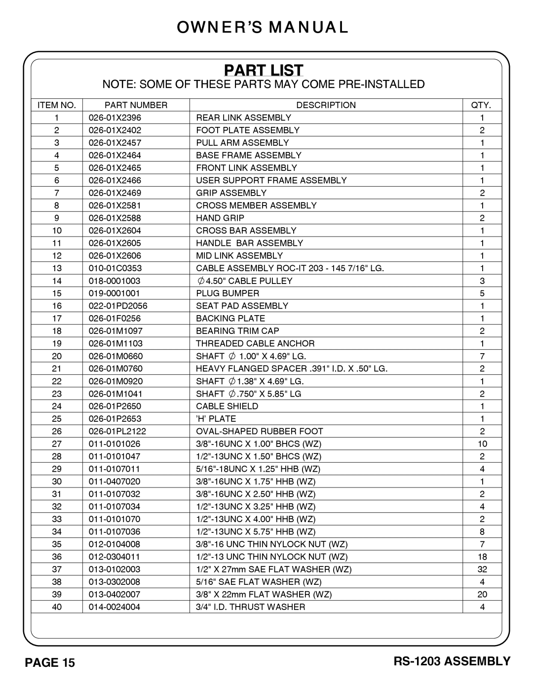 Hoist Fitness RS-1203 owner manual Part List, OVAL-SHAPED Rubber Foot 