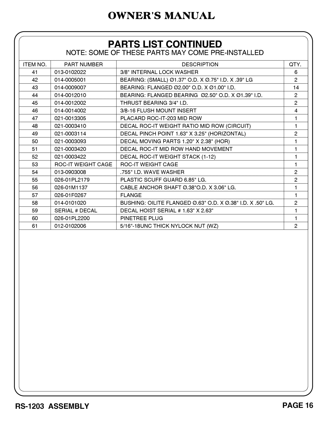 Hoist Fitness RS-1203 owner manual Parts List, Internal Lock Washer 