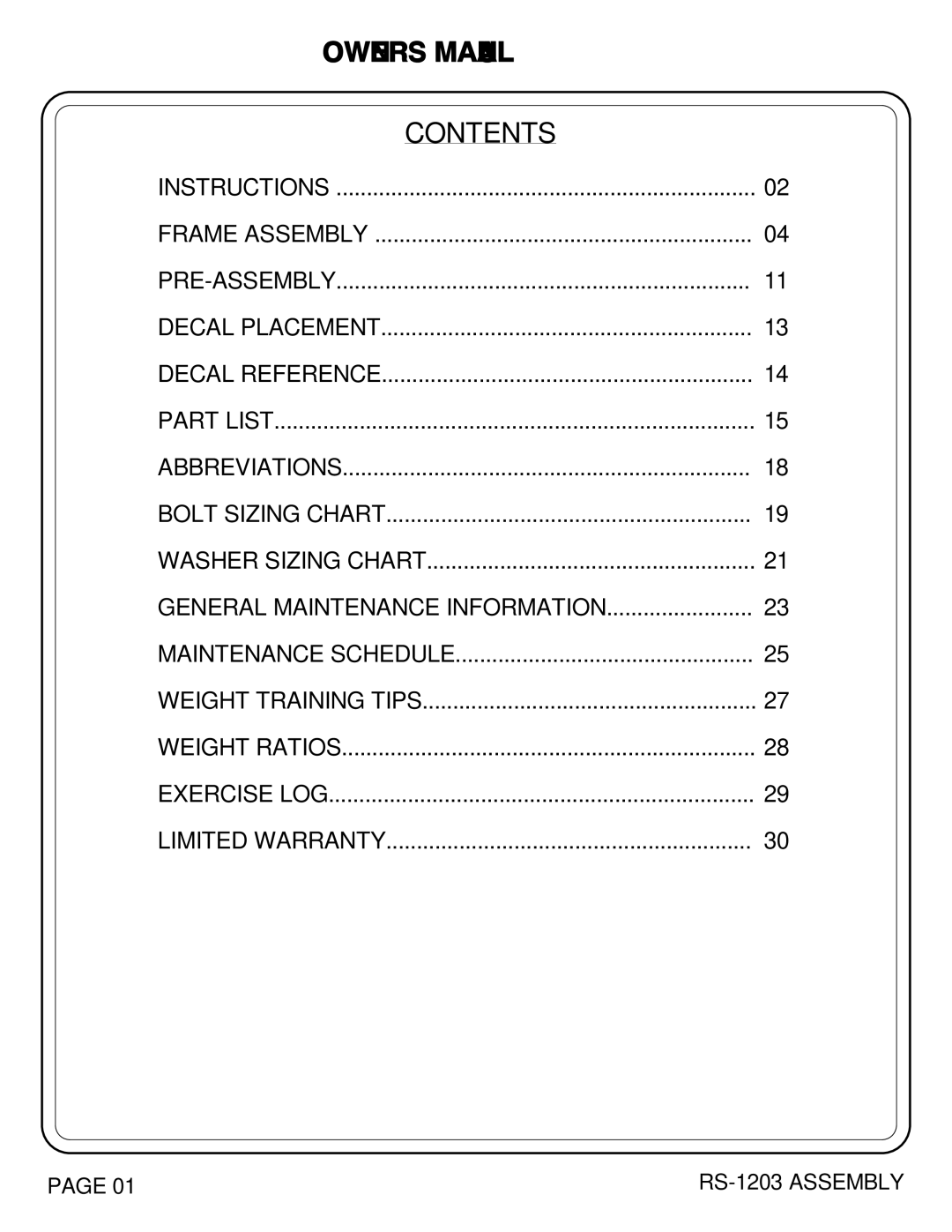 Hoist Fitness RS-1203 owner manual Contents 