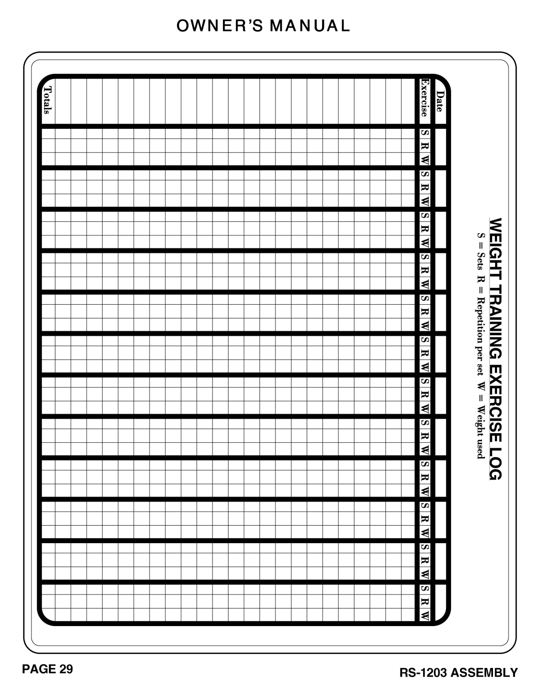 Hoist Fitness RS-1203 owner manual Weight Training Exercise LOG 