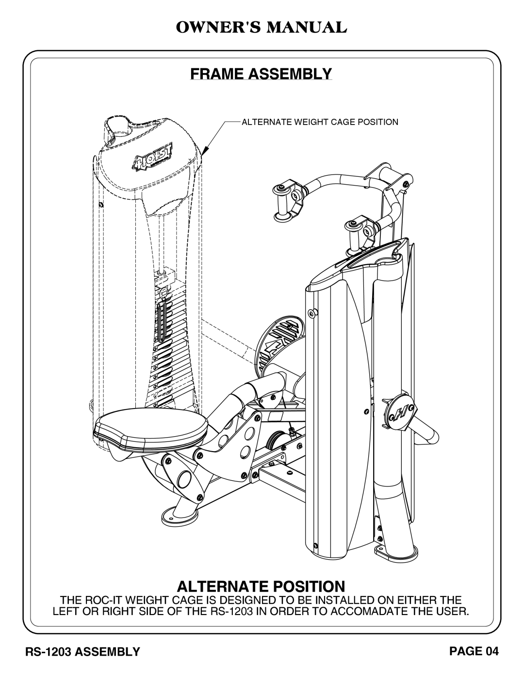 Hoist Fitness RS-1203 owner manual Frame Assembly, Alternate Position 