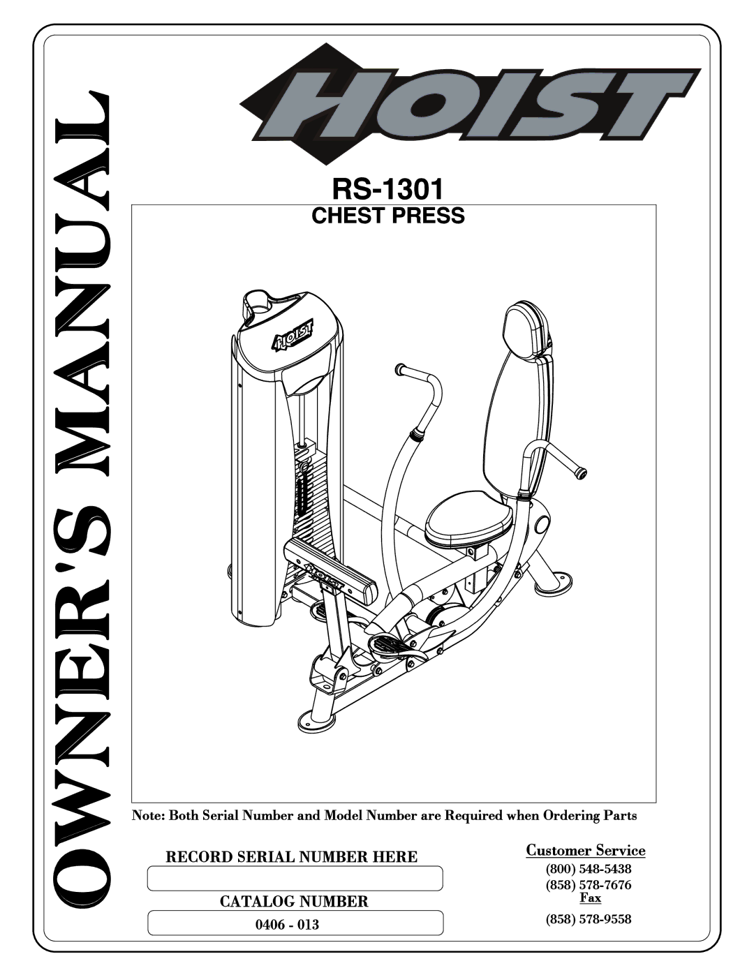 Hoist Fitness RS-1301 owner manual Chest Press 