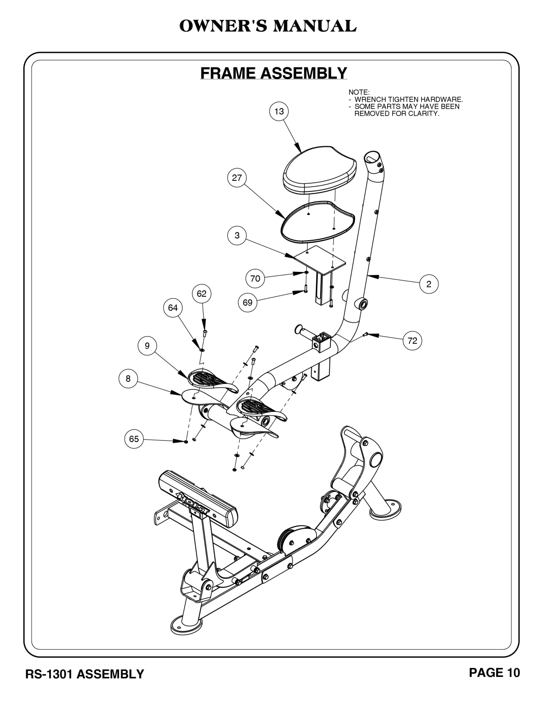 Hoist Fitness RS-1301 owner manual Wrench Tighten Hardware 