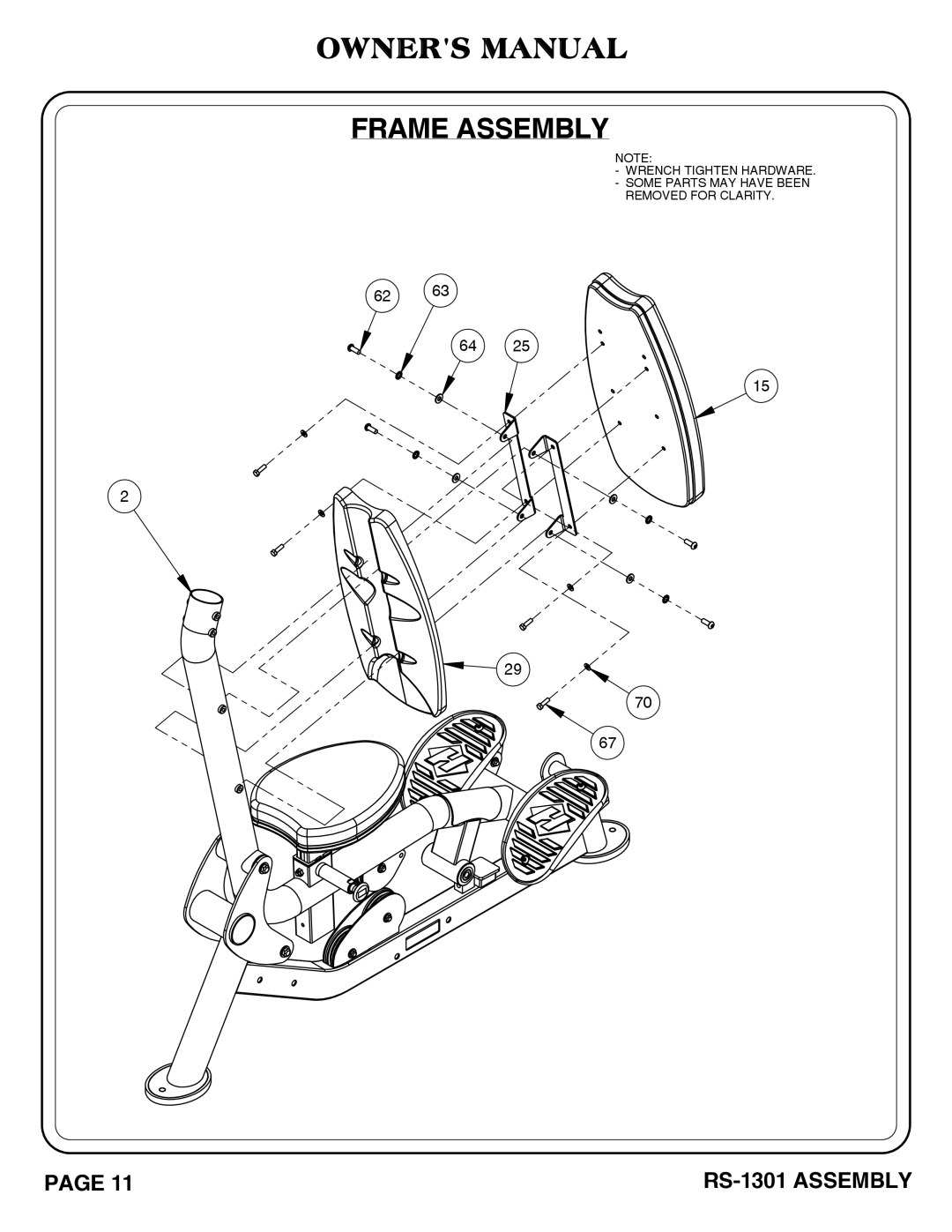 Hoist Fitness RS-1301 owner manual Frame Assembly 