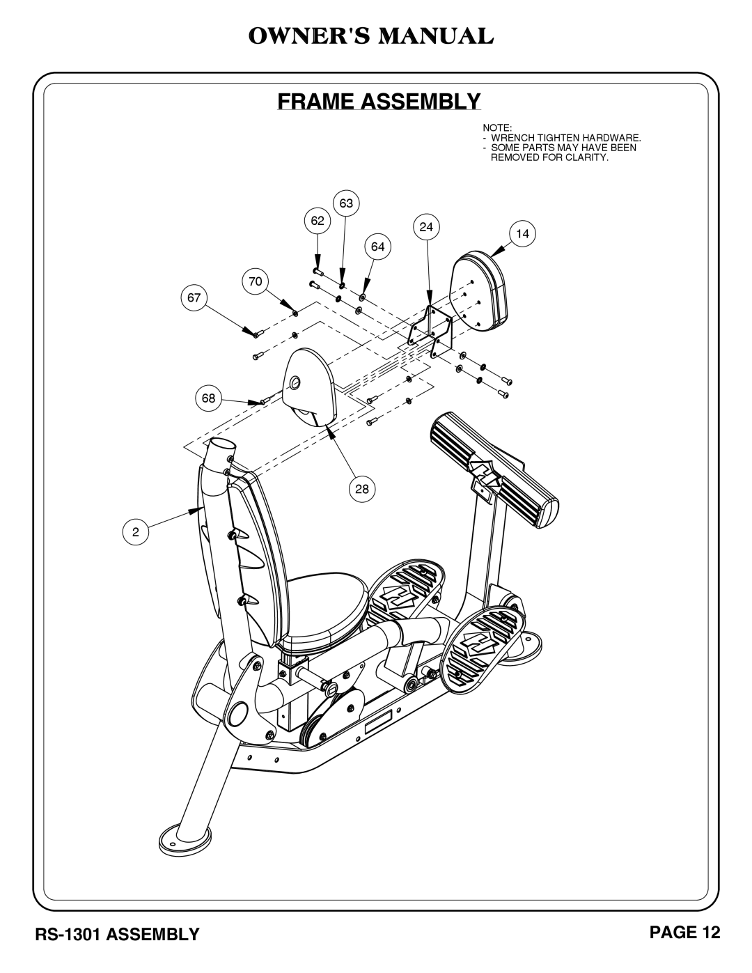 Hoist Fitness RS-1301 owner manual Frame Assembly 