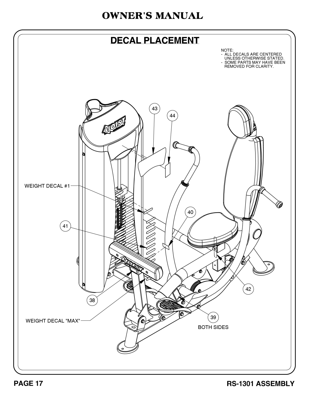 Hoist Fitness RS-1301 owner manual Decal Placement 