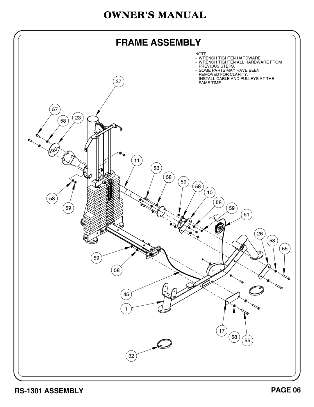 Hoist Fitness RS-1301 owner manual Wrench Tighten ALL Hardware from 