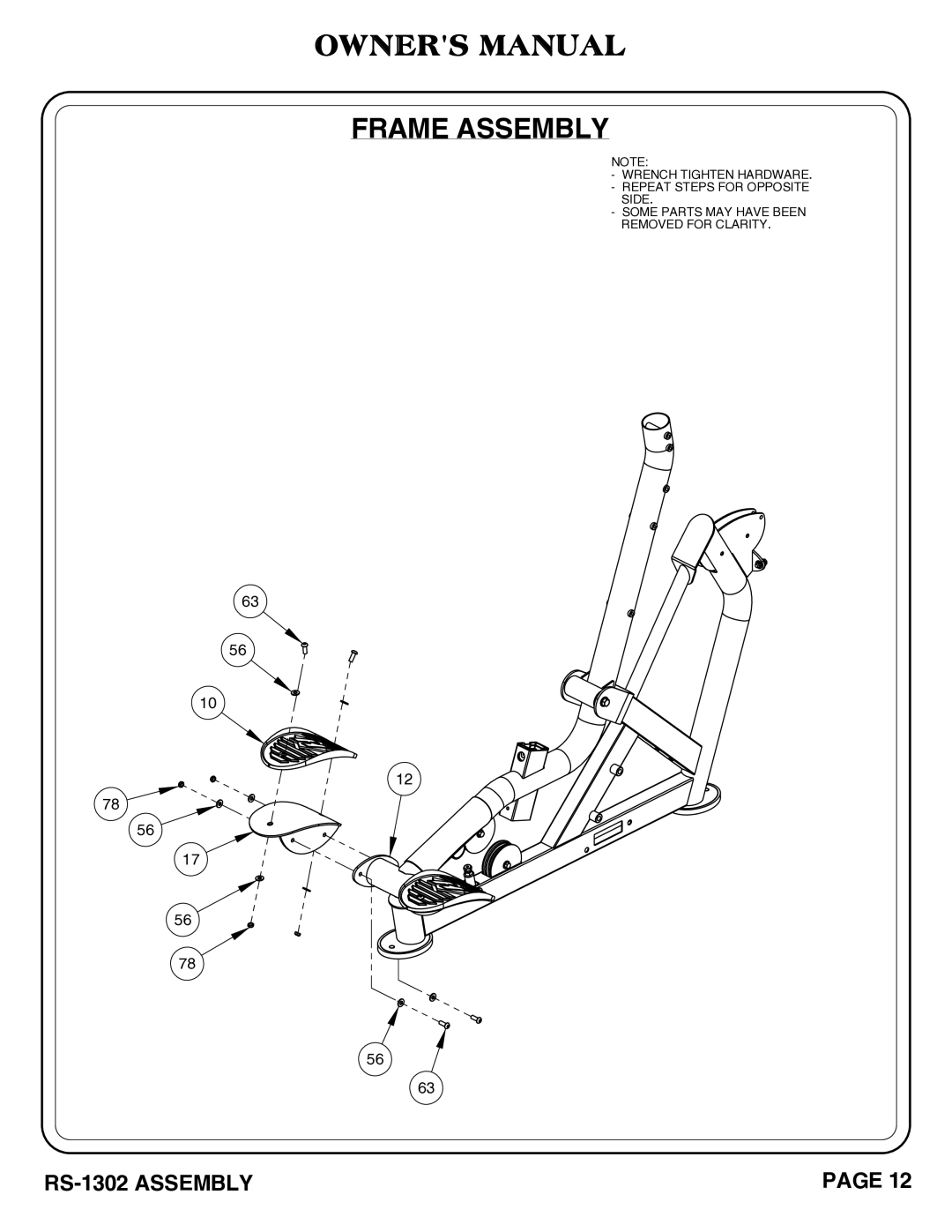 Hoist Fitness RS-1302 owner manual Frame Assembly 