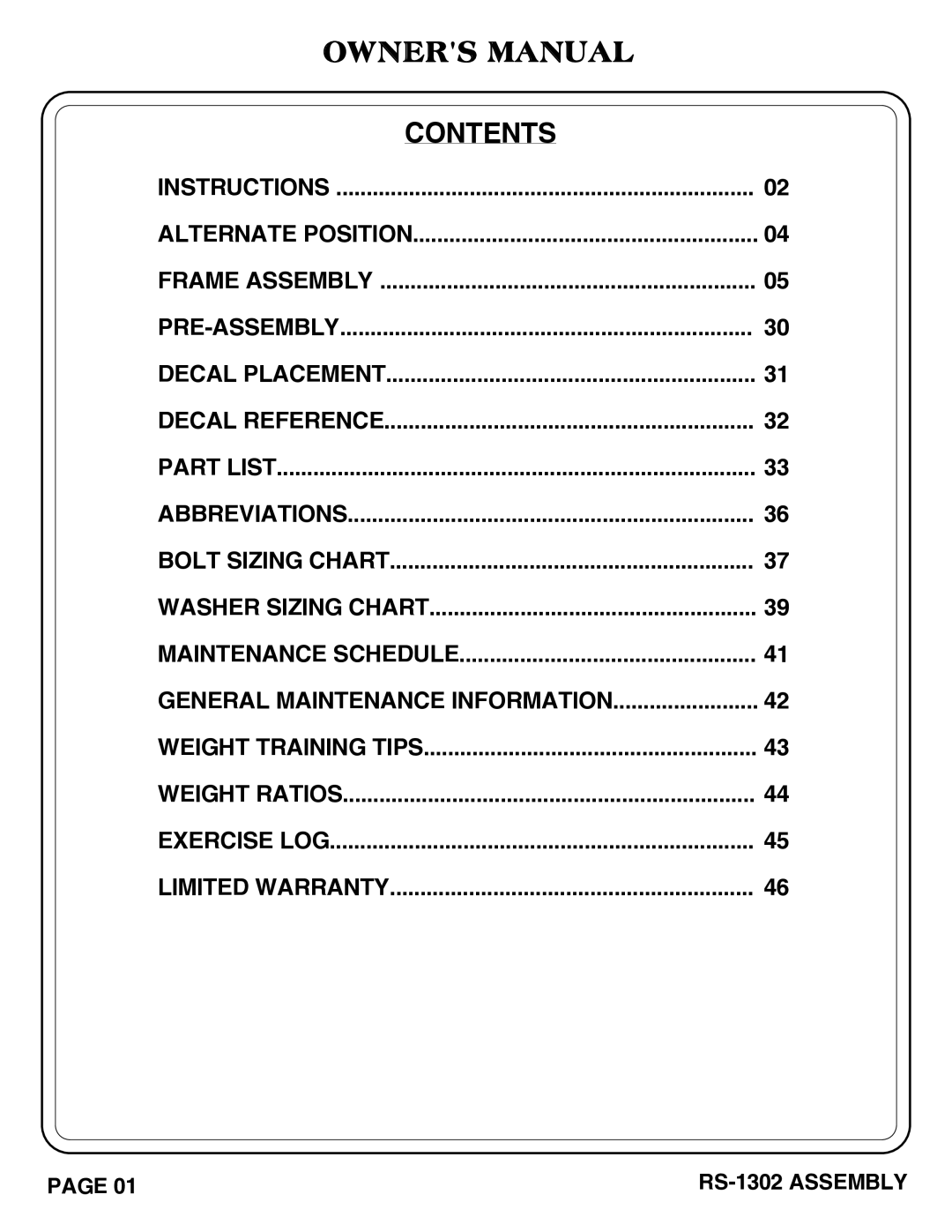 Hoist Fitness RS-1302 owner manual Contents 