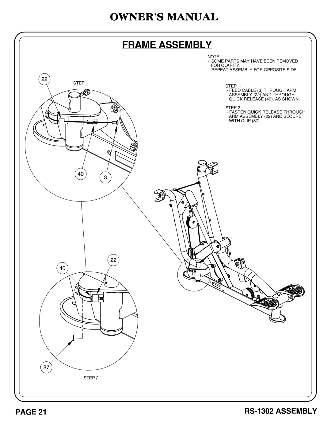 Hoist Fitness RS-1302 owner manual Frame Assembly 