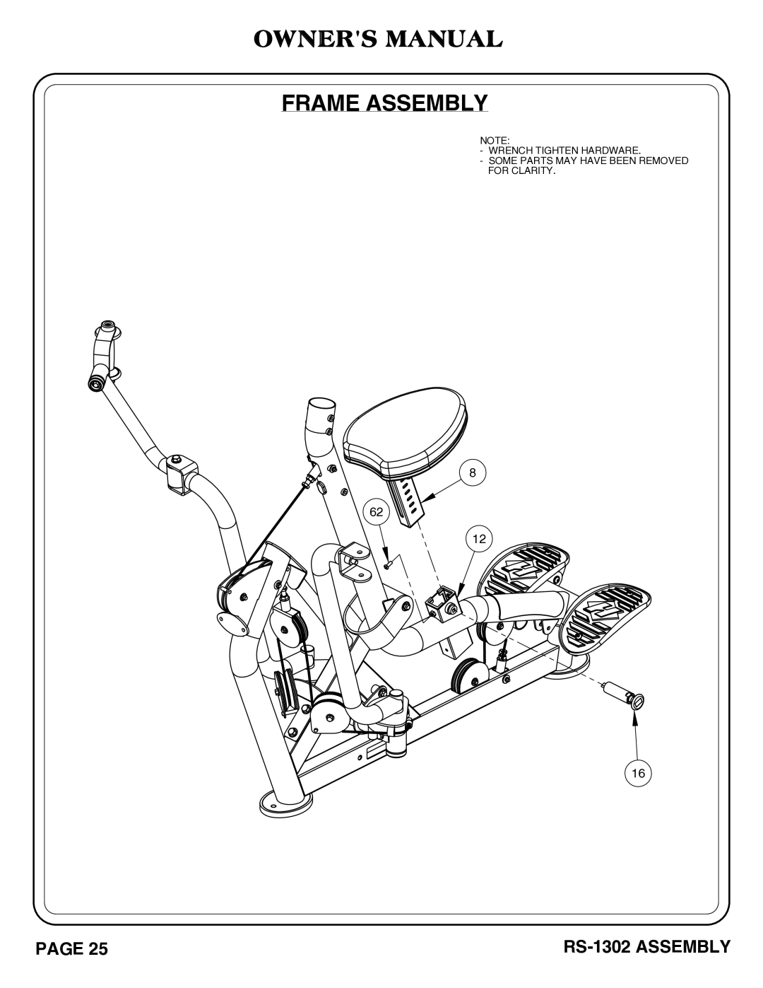 Hoist Fitness RS-1302 owner manual Frame Assembly 