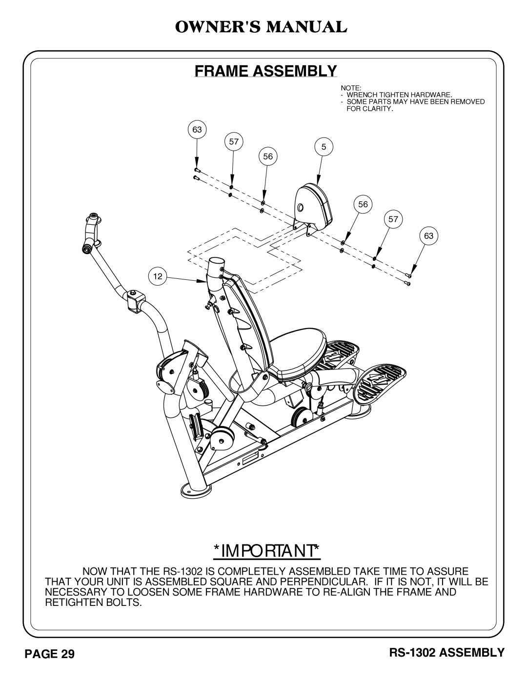 Hoist Fitness RS-1302 owner manual Frame Assembly 