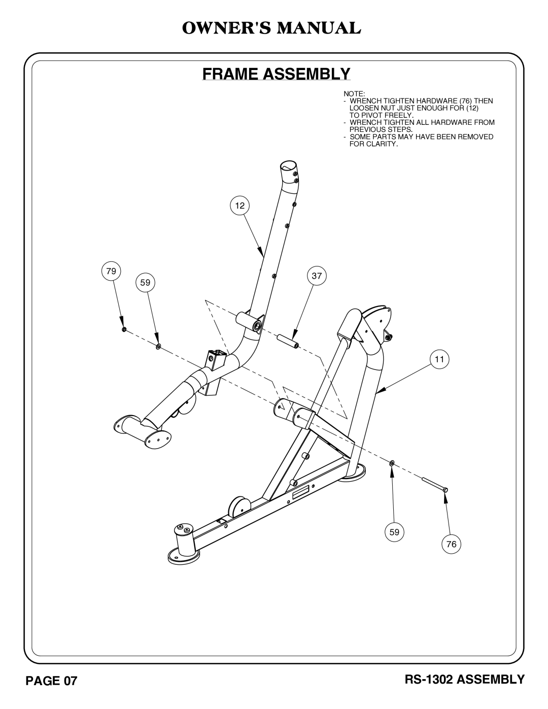 Hoist Fitness RS-1302 owner manual Frame Assembly 