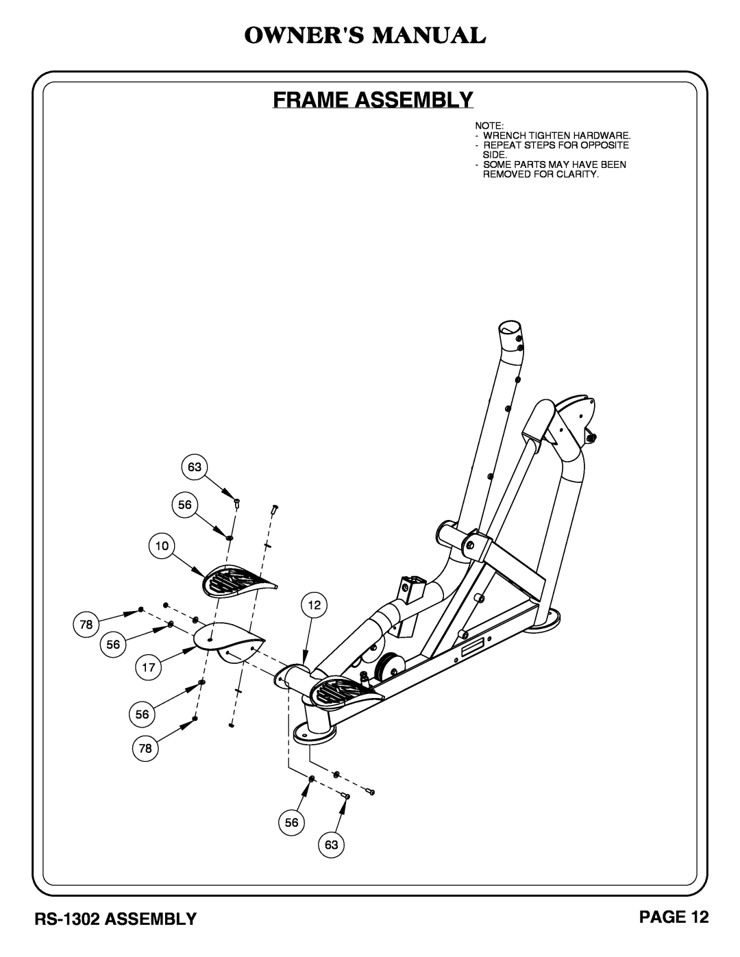 Hoist Fitness Owners Manual Frame Assembly, RS-1302 ASSEMBLY, Page, Some Parts May Have Been Removed For Clarity 